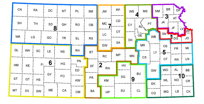 County Map Of Kansas with KDOT-funded transit providers in the area.